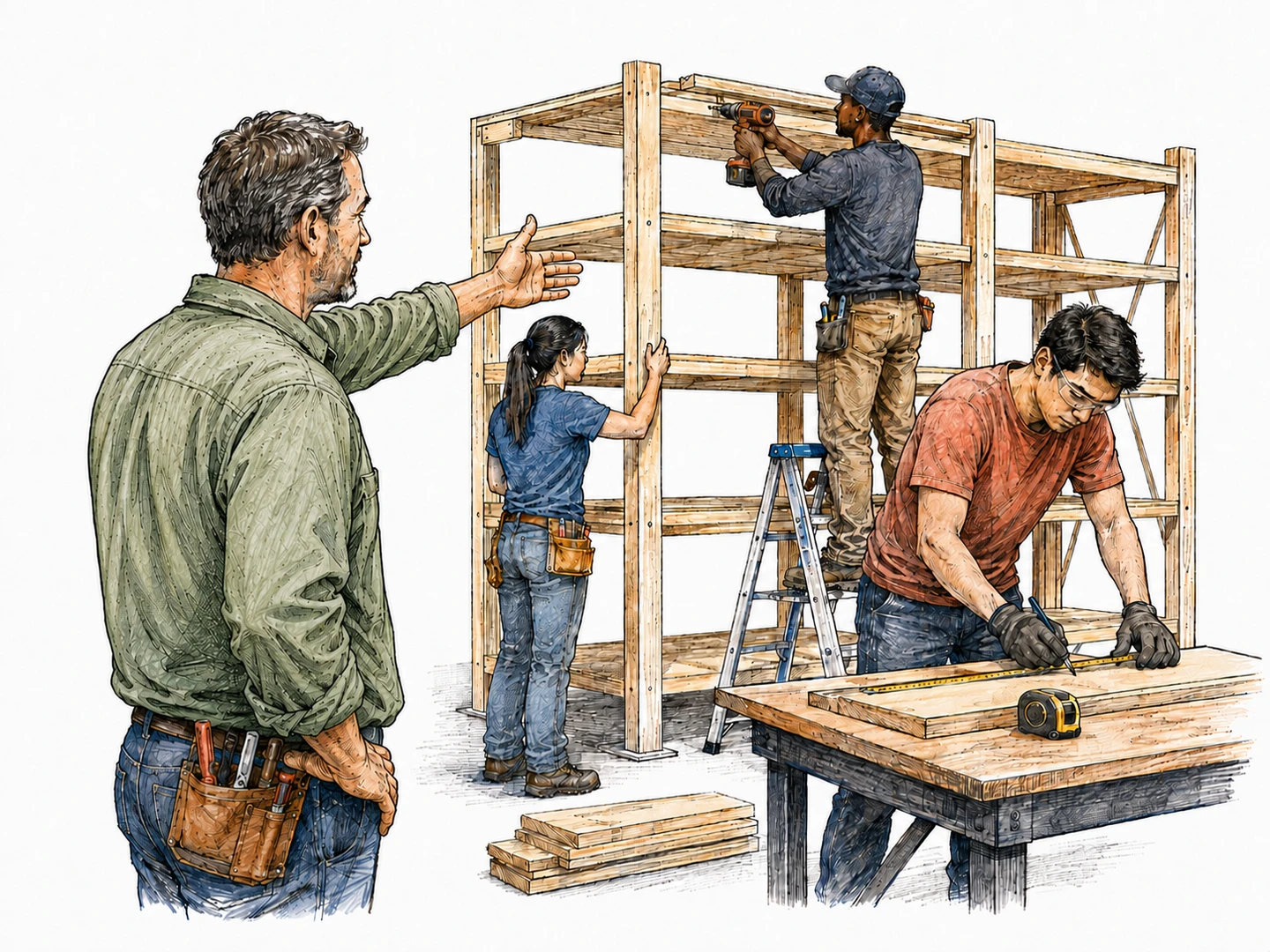 A site manager watches several workers build shelves and gestures toward the next task to coordinate their work.