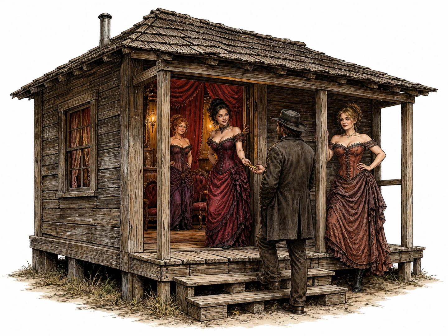 A small weathered wooden hut serves as a bordello. Three adult women in historical dresses stand on the porch and inside the red-curtained doorway as one welcomes a male customer offering coins.