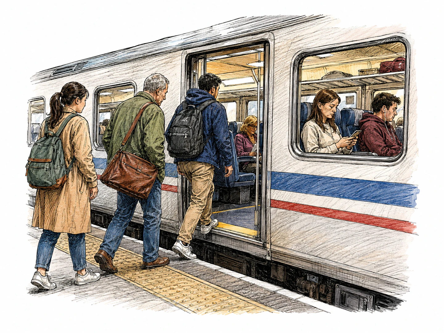Passengers step up from a platform into a train while others are already seated inside the vehicle.