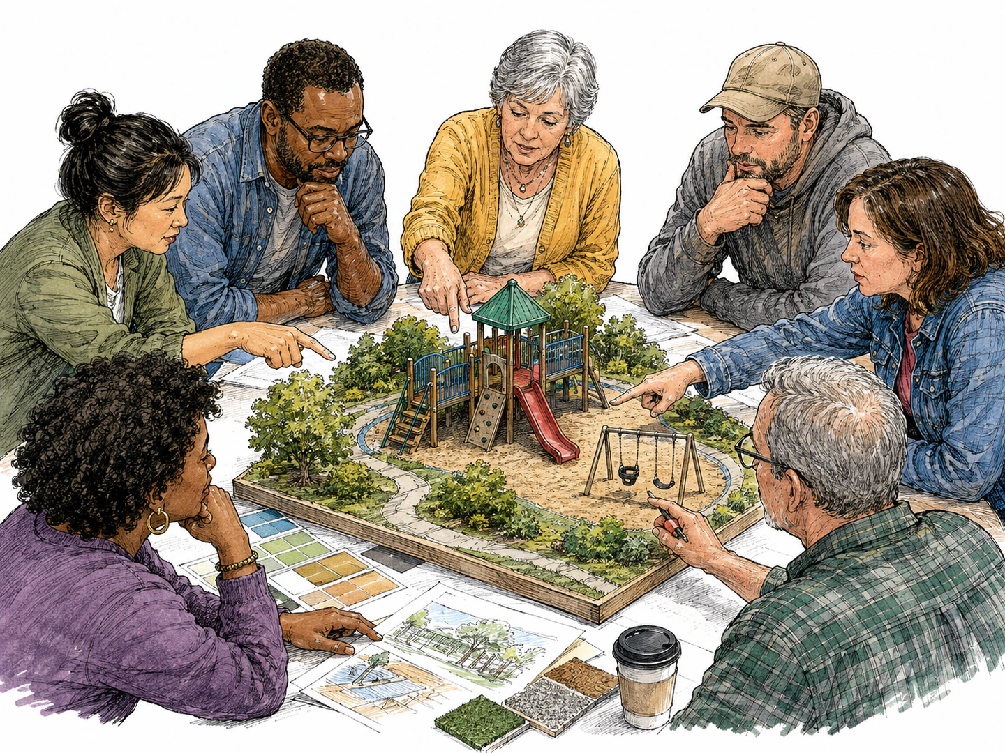 At a planning table, several neighbors point and gesture toward one central playground model while every note, sample, and hand movement is directed around that same subject.
