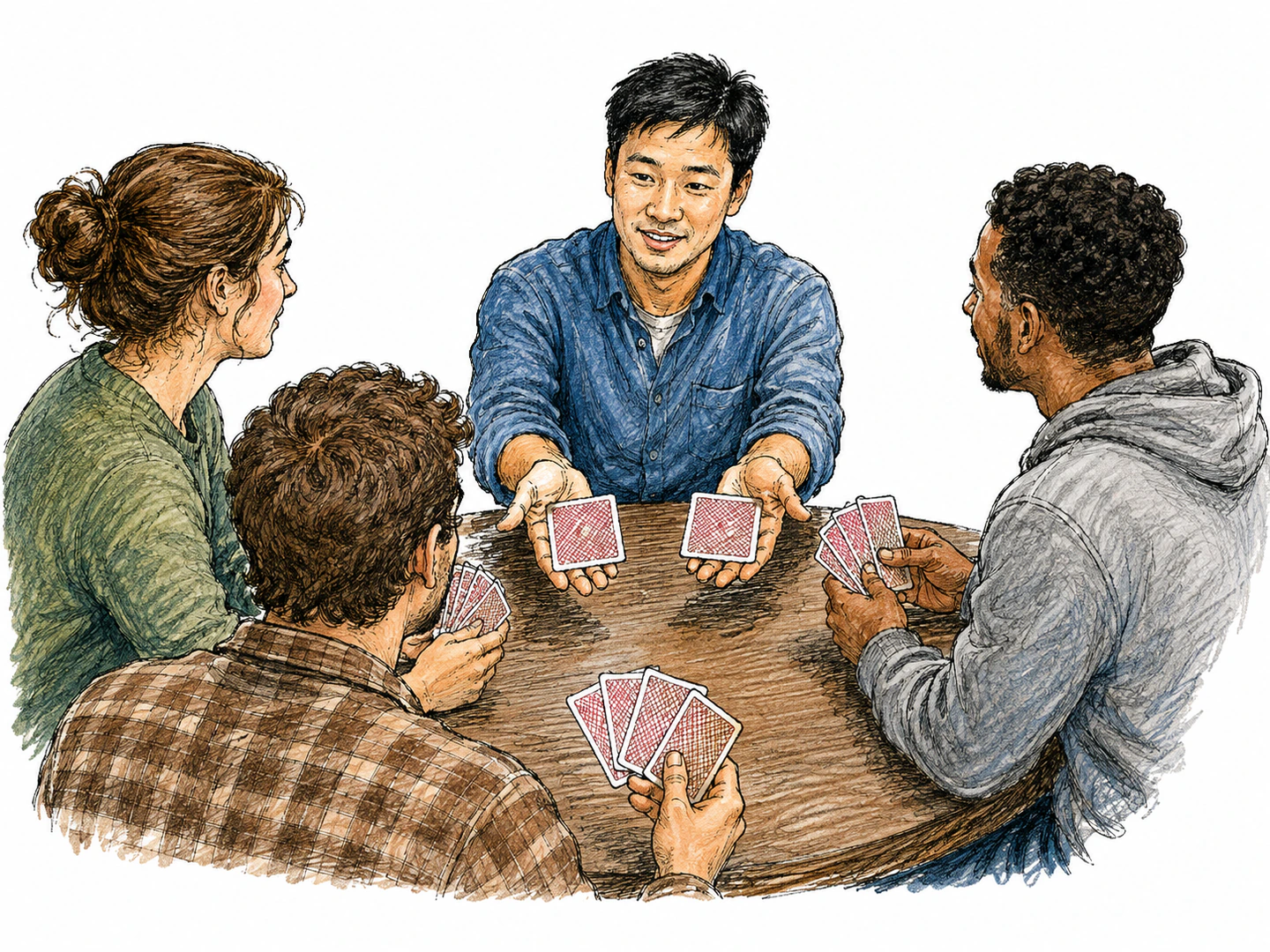 A card player keeps both hands plainly visible on top of the table while offering cards openly to the other players.