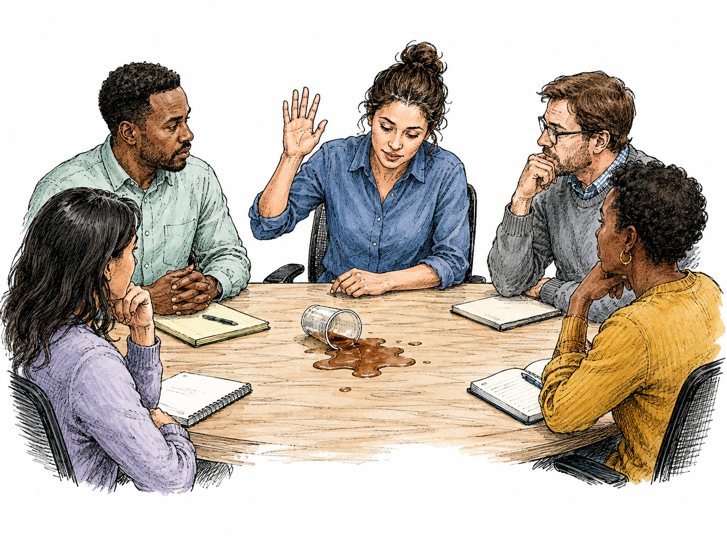 During a meeting, a person raises a hand toward a spilled drink they caused while others look on, openly recognizing the problem instead of pretending not to see it.