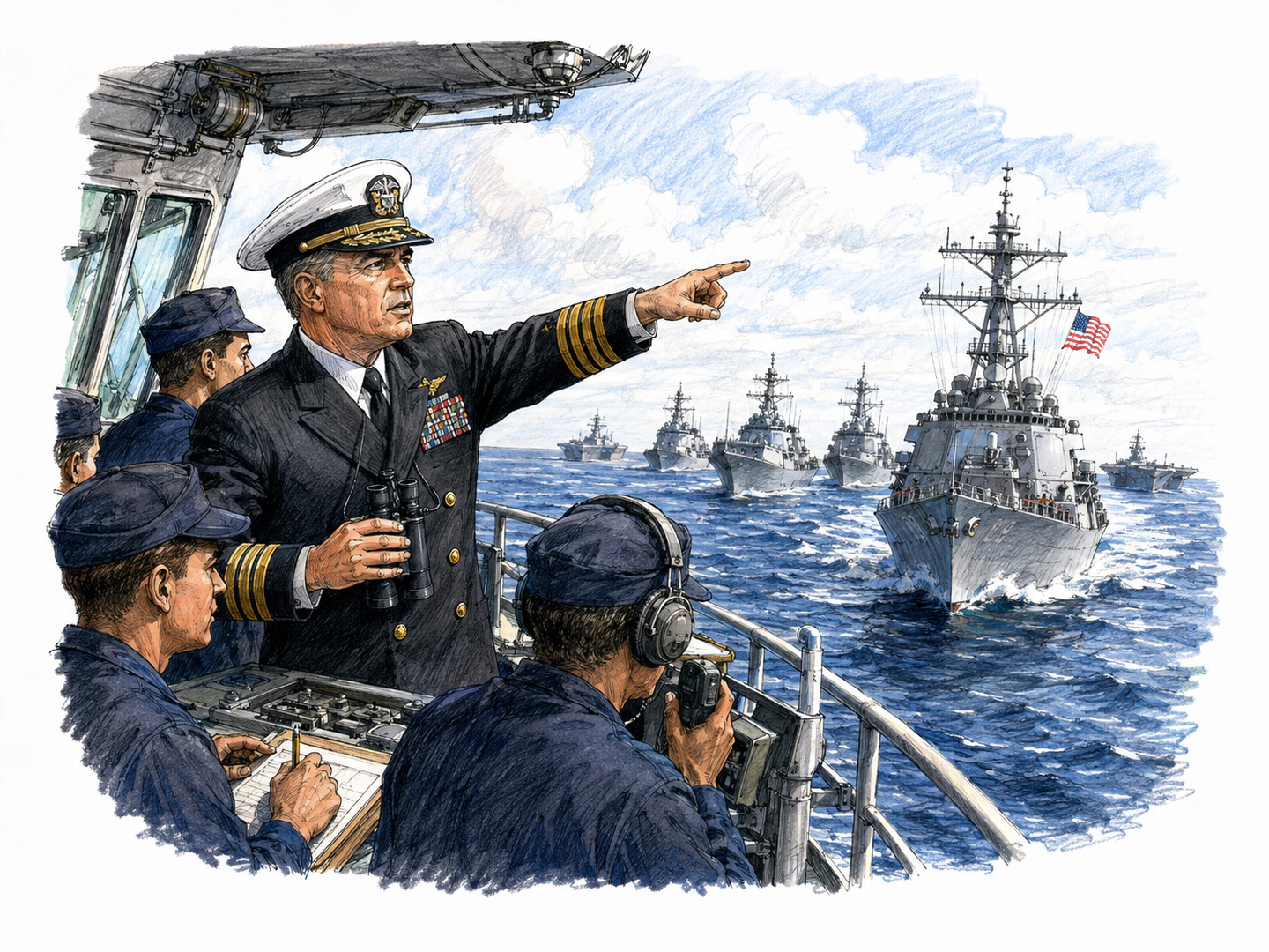 On a naval ship, a decorated officer gives orders from the command deck while uniformed sailors respond and multiple vessels follow the officer's direction.