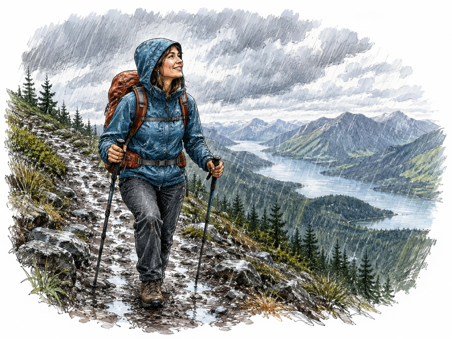 A hiker continues up the trail in heavy rain while smiling at the beautiful view, showing that one fact remains true even though a limiting condition is also true.