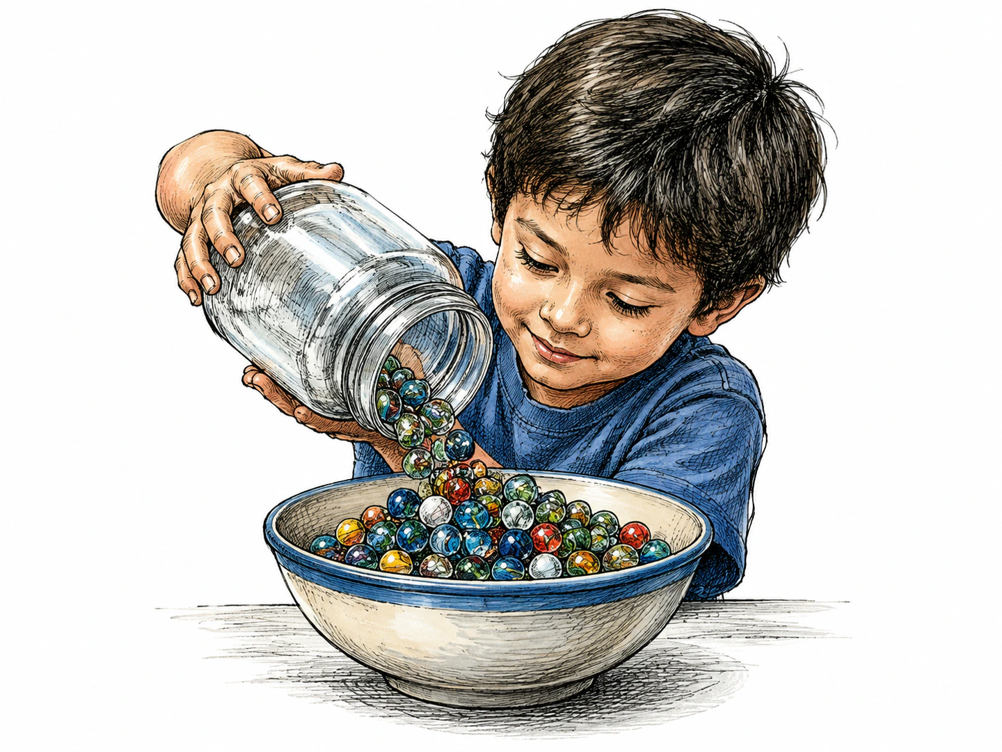 A child pours every marble from a jar into a bowl, leaving the jar empty and the whole amount gathered together.