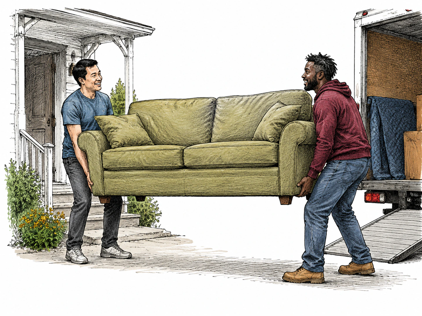 During a difficult move, one neighbor joins another by lifting the heavy couch from the opposite end and helping carry it together.