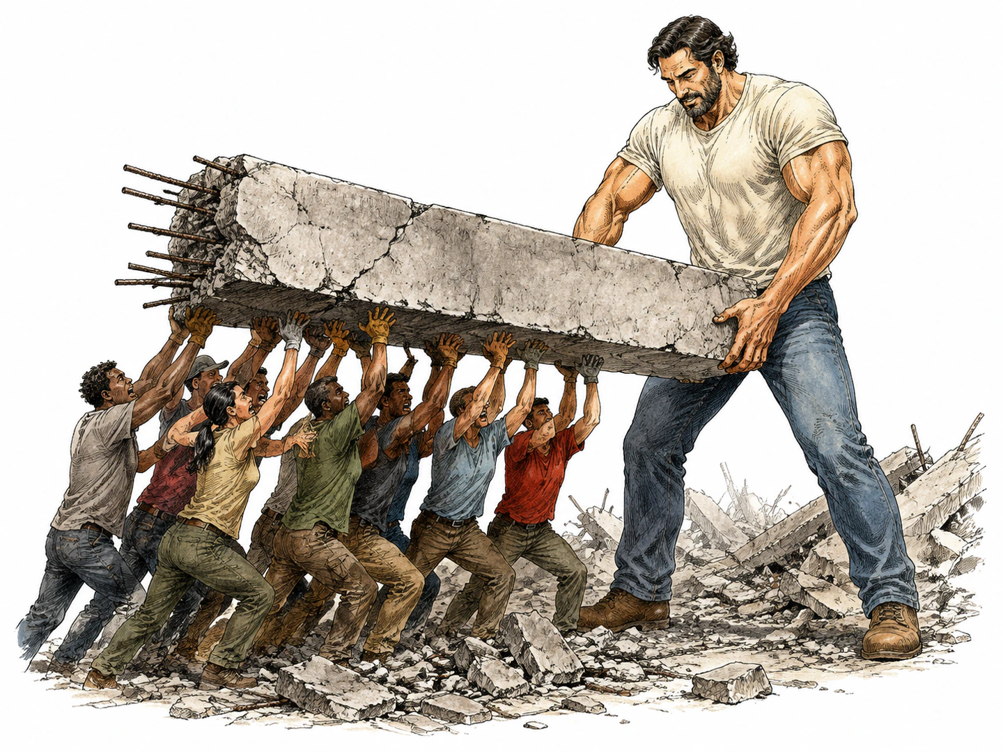 A giant rescuer effortlessly lifts a fallen concrete beam while many strong adults strain below and cannot move it.