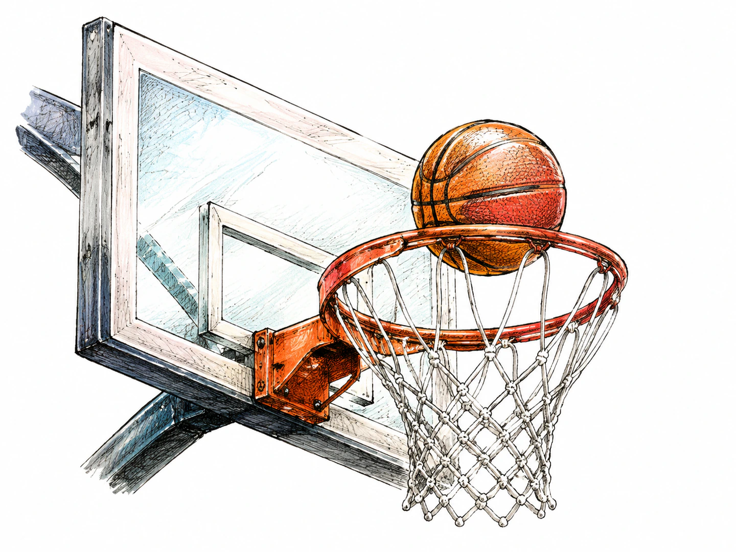A basketball rolls around the rim and hangs partly over the hoop without falling through.