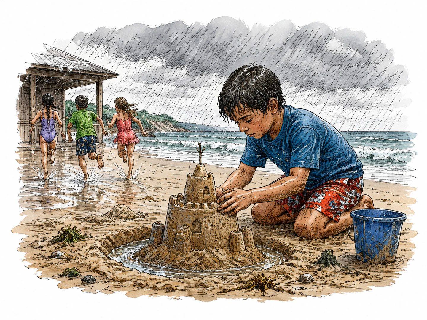 A child keeps building a sandcastle with steady attention despite rain falling on the beach and other children running for shelter.
