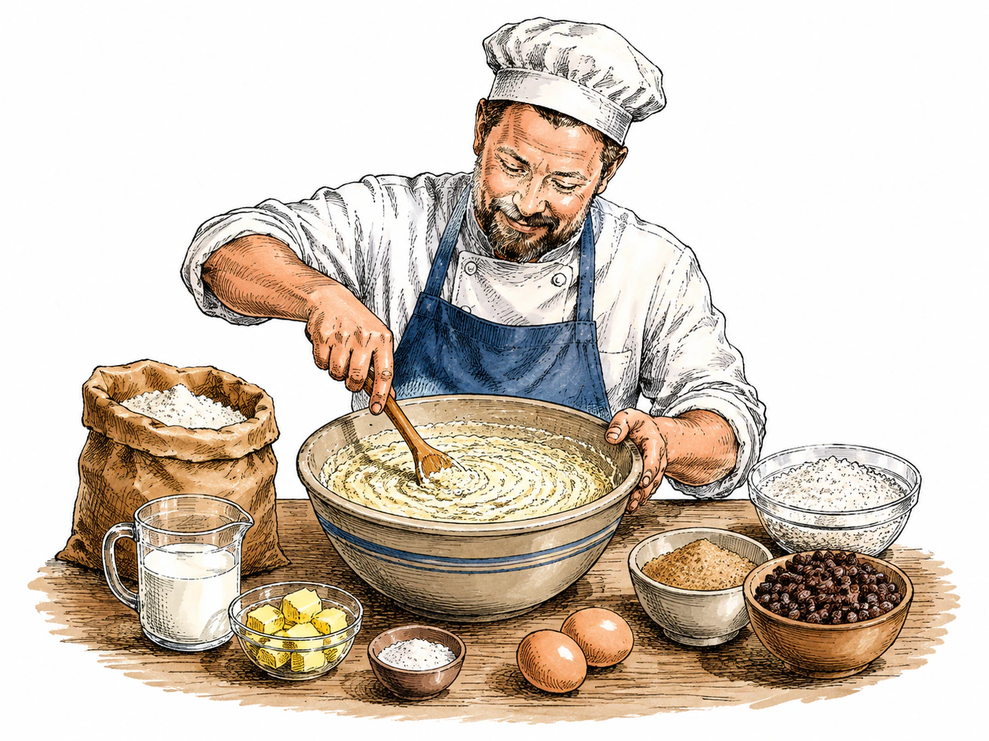A baker gathers every ingredient into one mixing bowl and stirs the complete mixture as a single whole.