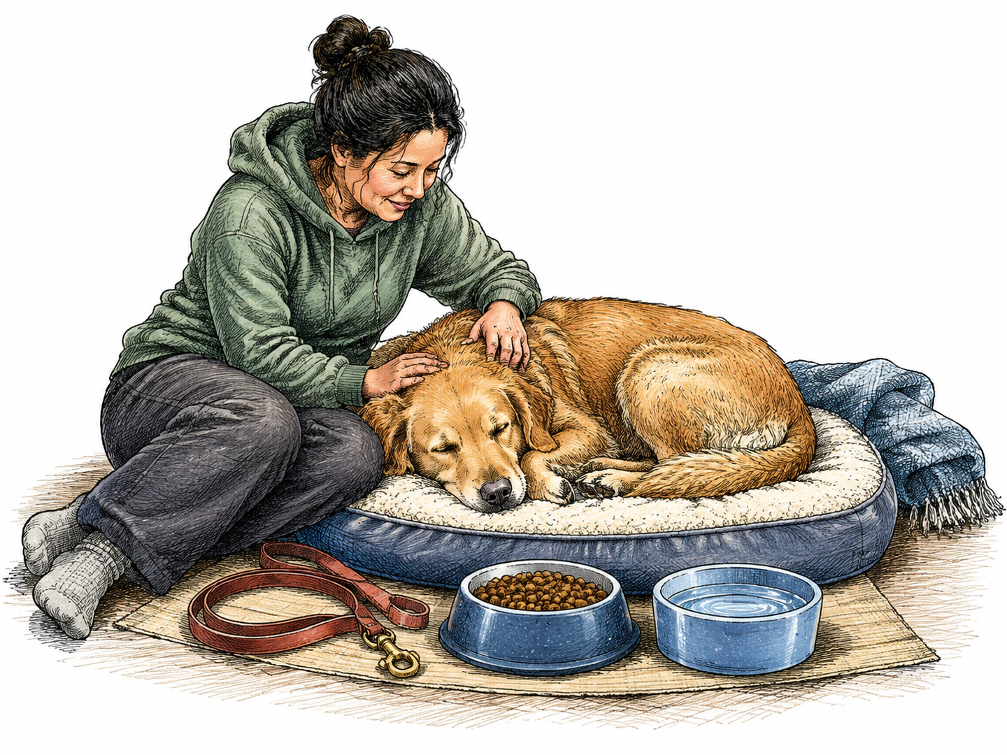 A devoted caretaker sits beside a sleeping dog with a filled food bowl, fresh water, a leash, and carefully maintained bedding, showing dependable care on every occasion.