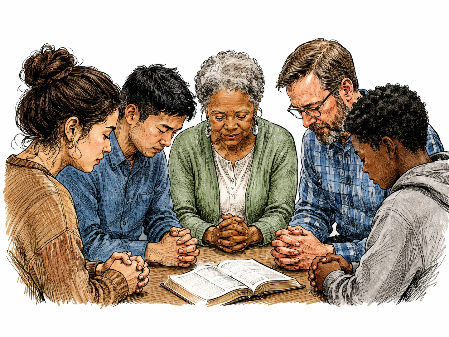After a prayer, several people bow their heads and speak together with solemn approving expressions, showing shared agreement at the prayer's close.