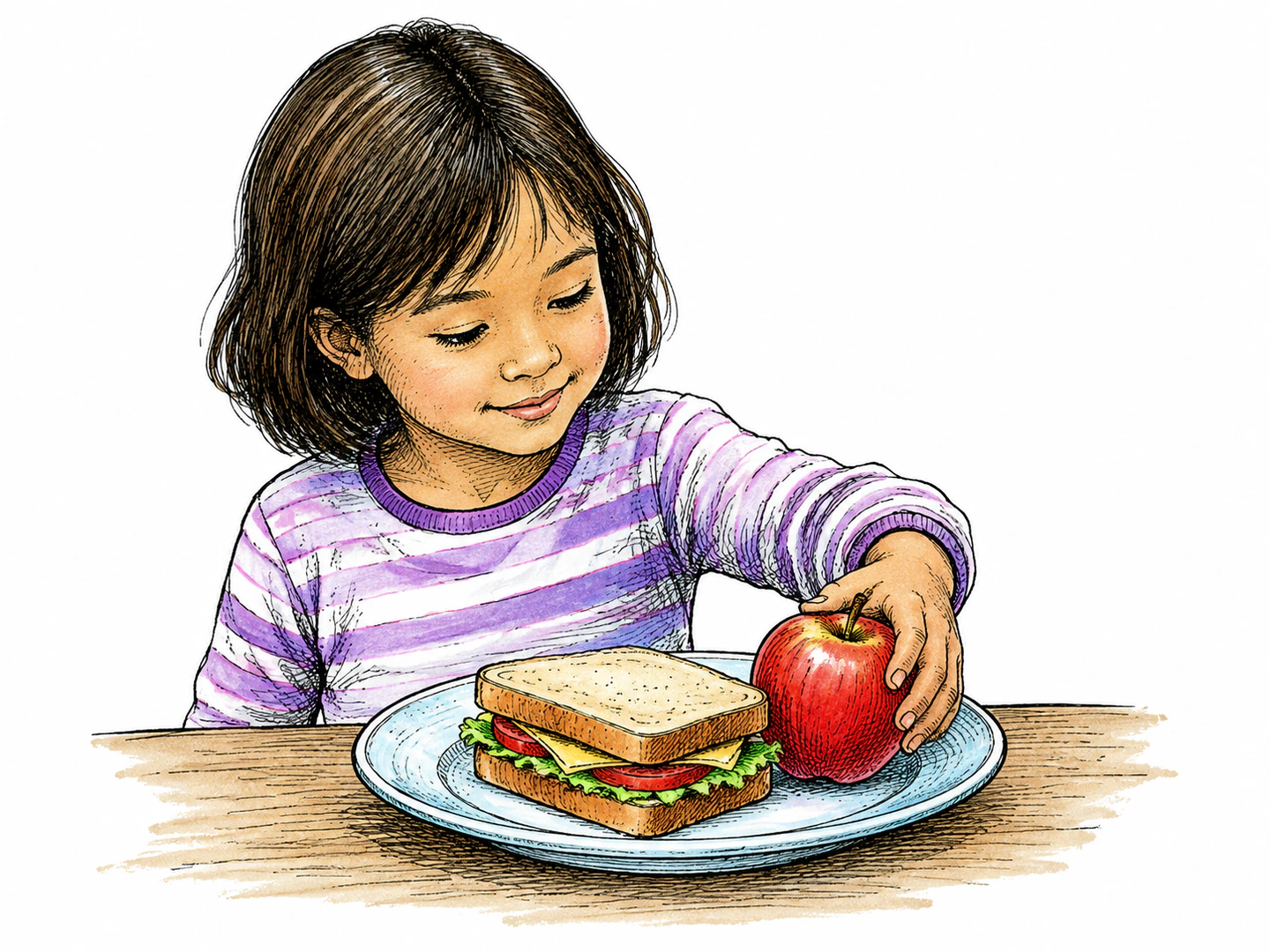 A child places an apple beside a sandwich on the same plate, joining the two related foods into one snack.