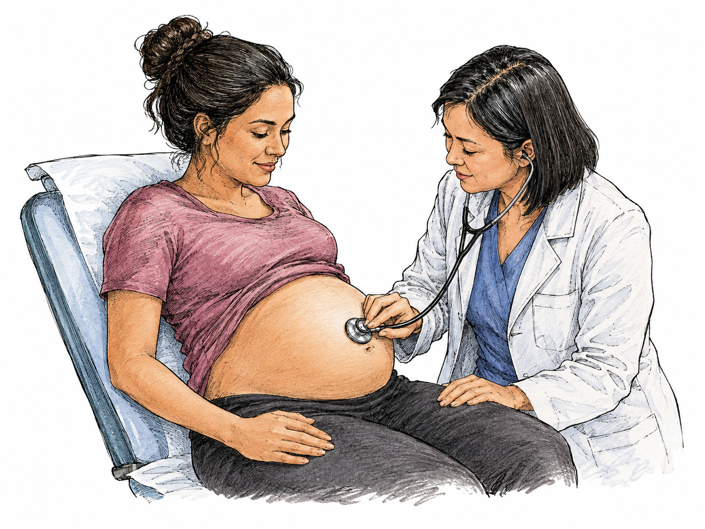 A pregnant patient sits with a clinician who listens to the unborn baby's heartbeat and prepares care before the birth has happened.