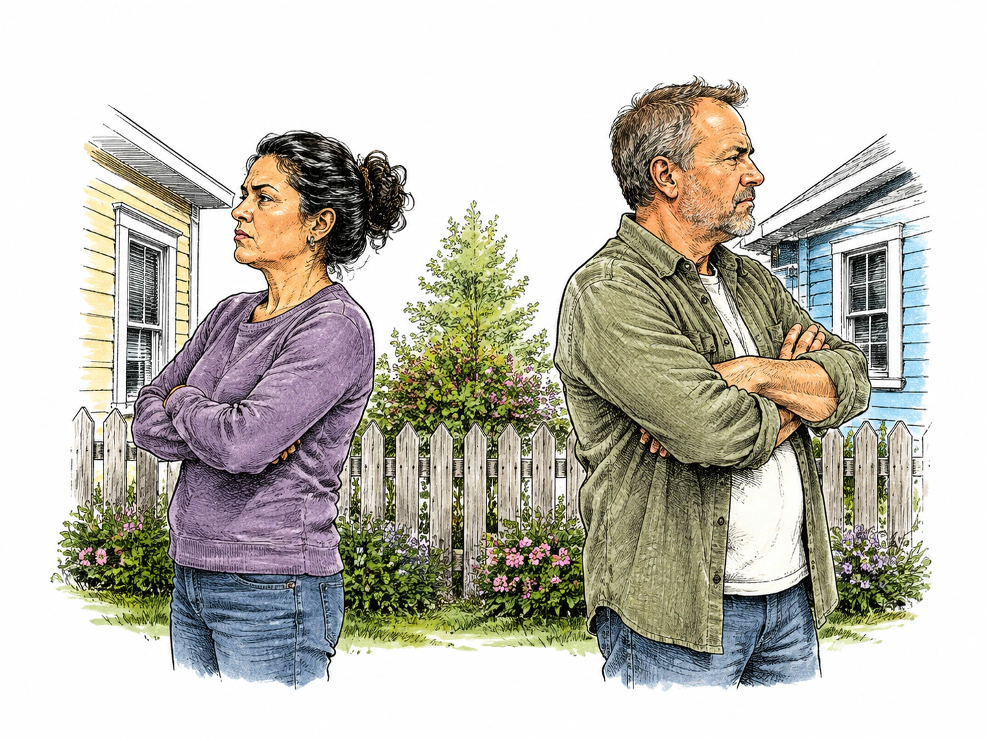 Two neighbors stand facing opposite directions with crossed arms and hard expressions, each clearly resisting the other's attempt to approach.
