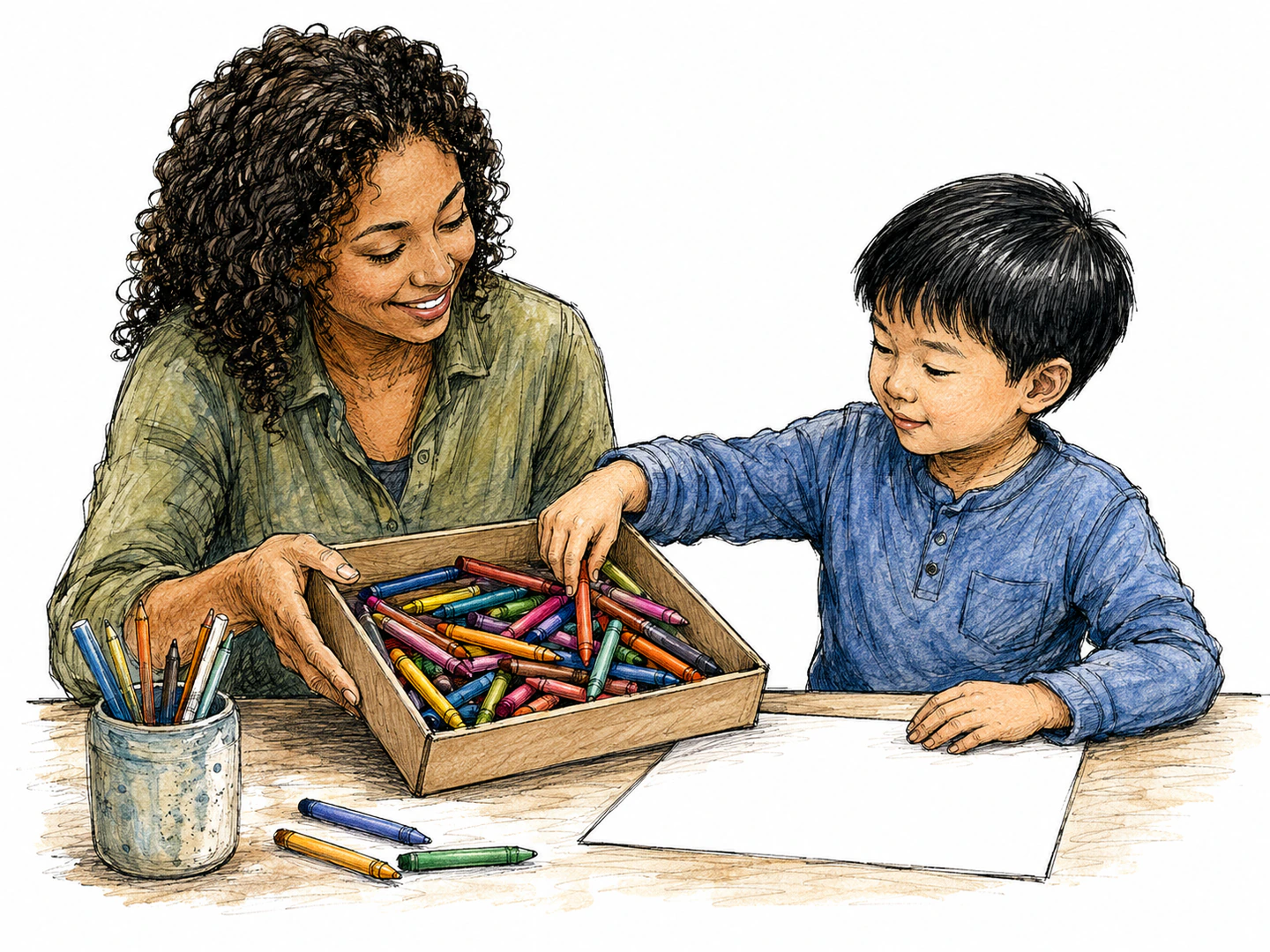 At a craft table, a teacher offers a box of mixed crayons while a child is free to choose one from the whole group without a specific one being singled out.