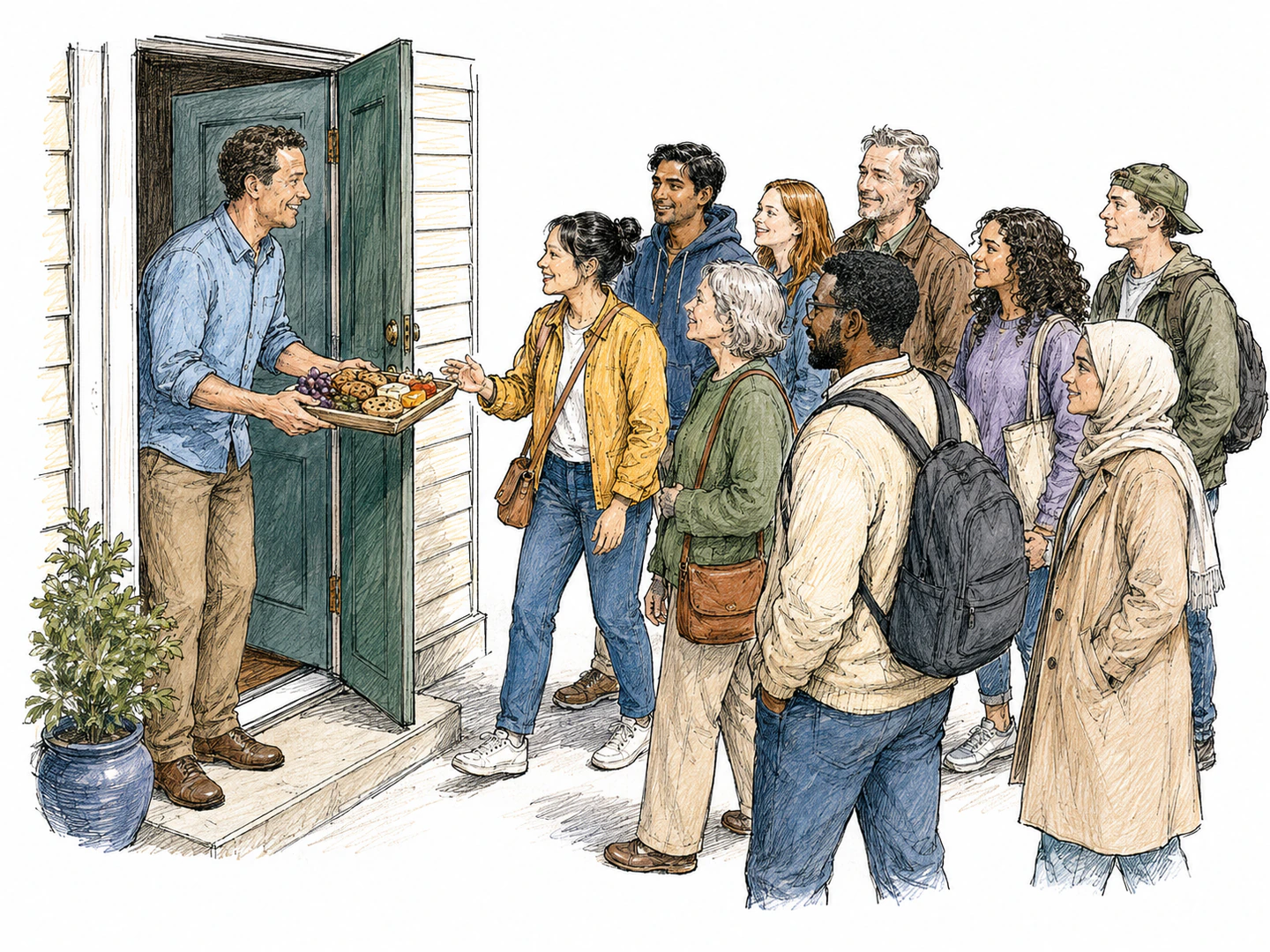 A host opens a doorway and offers a tray to a mixed crowd of strangers, welcoming whichever person steps forward first.