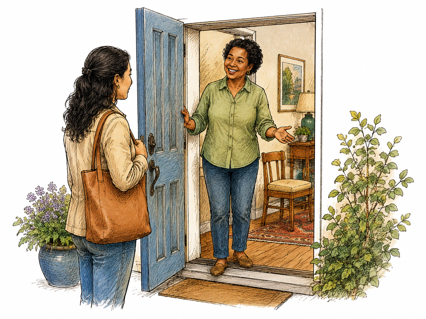 A helpful neighbor opens the door to a visitor, with relaxed welcoming gestures and a spare chair ready, showing an invitation without a fixed appointment.