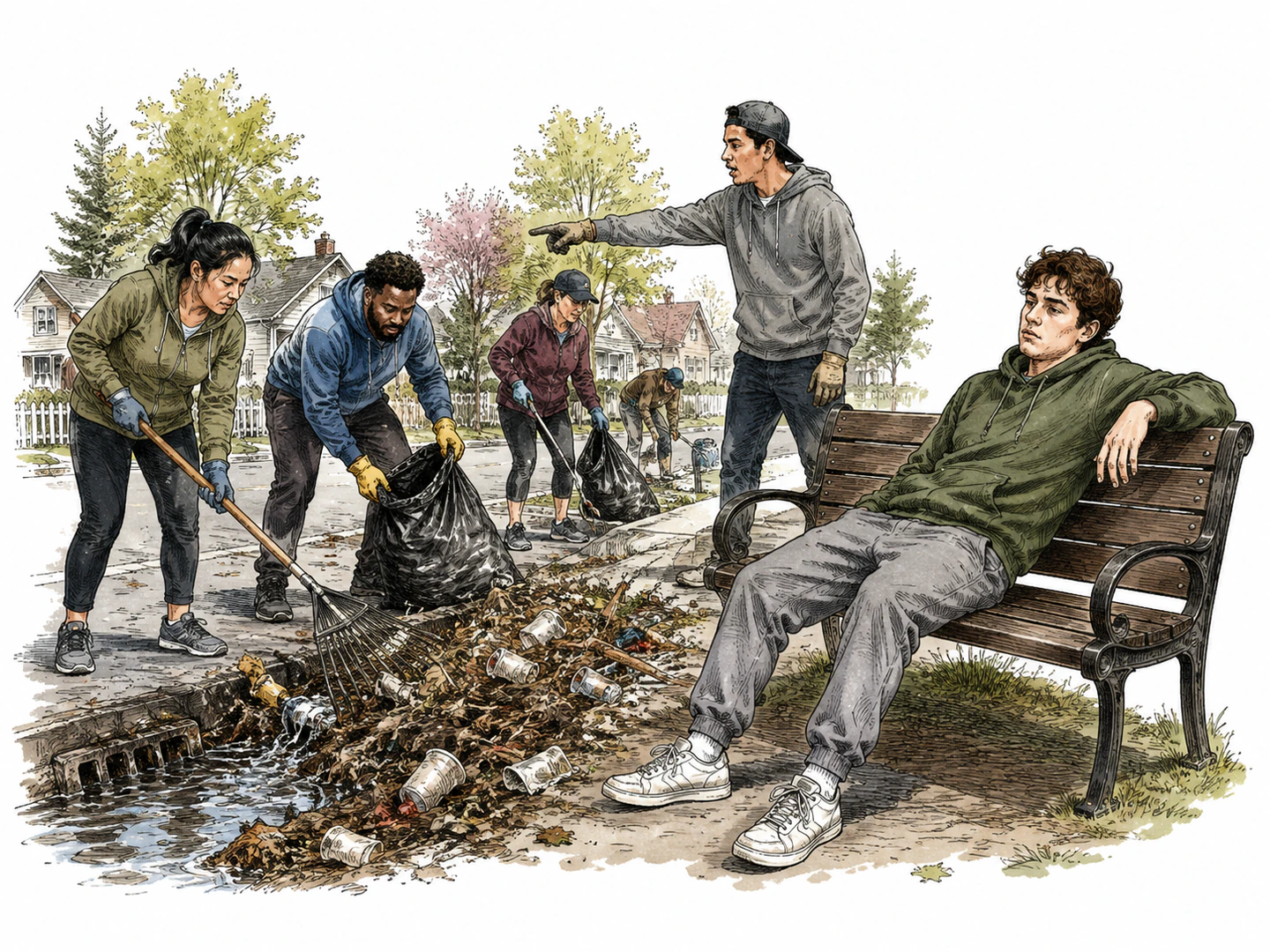 During an urgent neighborhood cleanup, one person lounges on a bench with a blank expression while others rush to help and point toward the problem.
