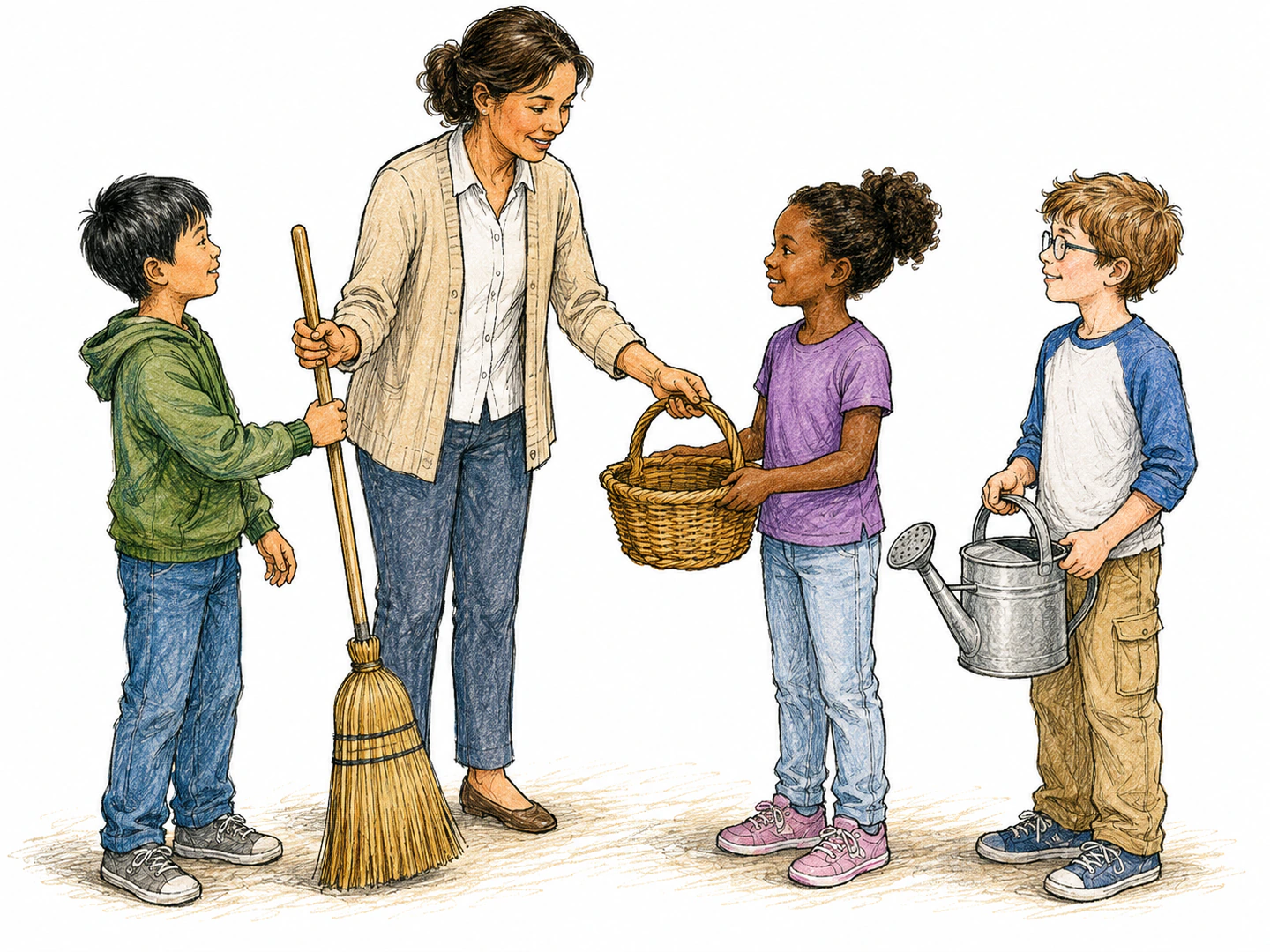 A teacher hands one student a broom, another a basket, and another a watering can, giving each person a specific classroom task.