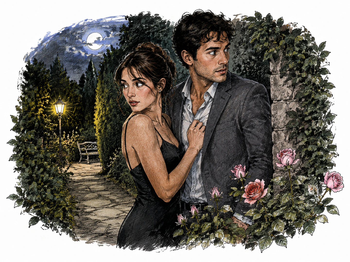 Two lovers meet quietly in a secluded garden at night, glancing around to make sure their private meeting remains secret.