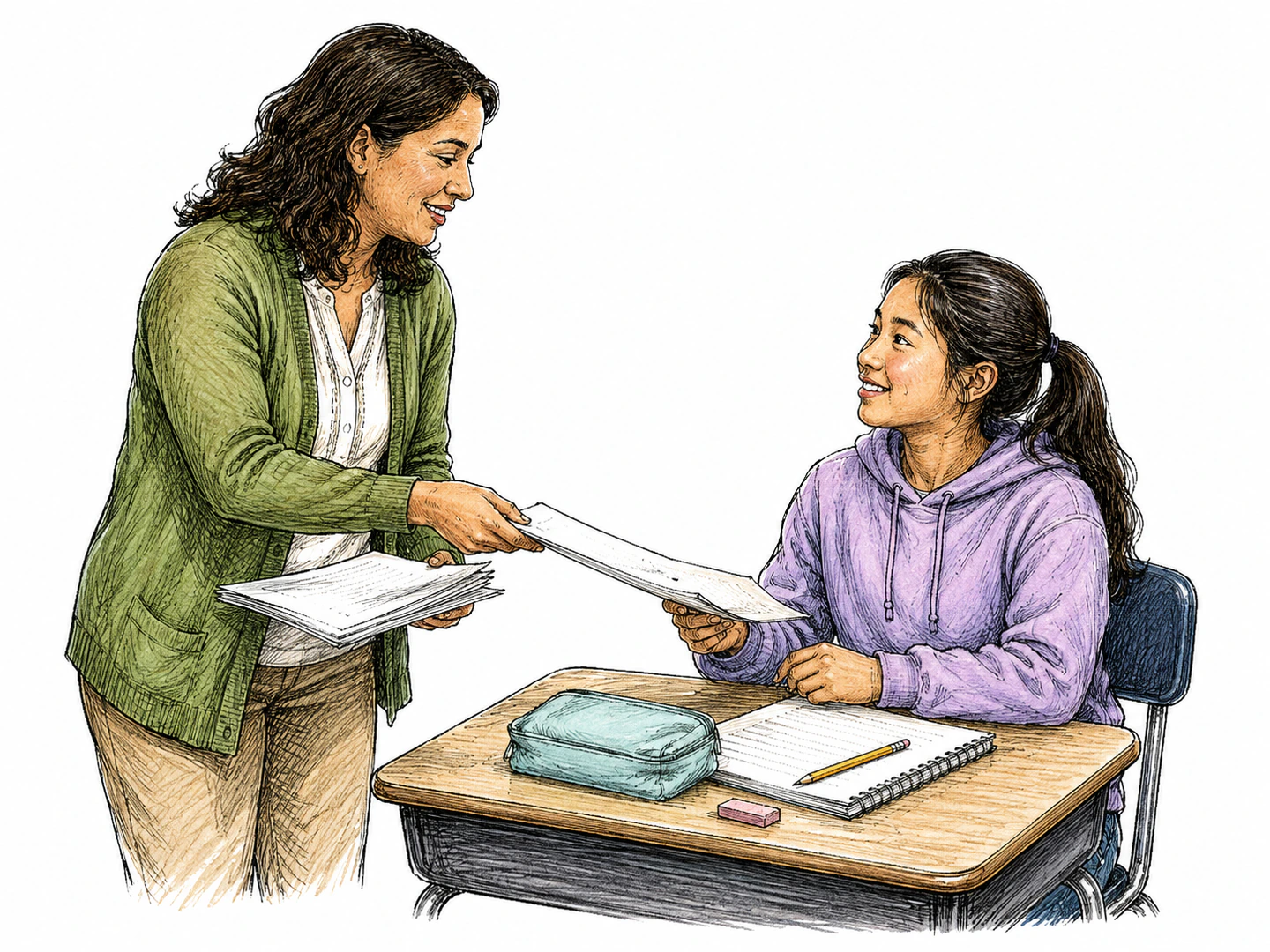 A teacher hands one student a packet of work while the student receives it at a desk with supplies ready to begin the given task.