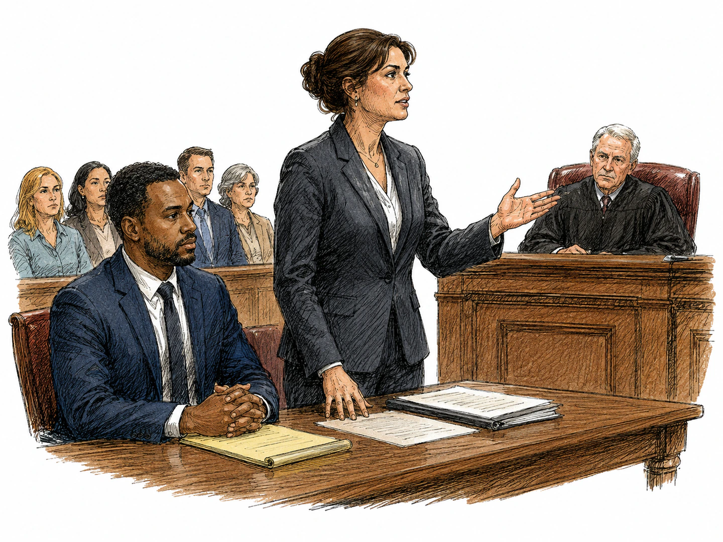 In a courtroom, a lawyer stands and speaks for a seated client while the client remains silent beside them.