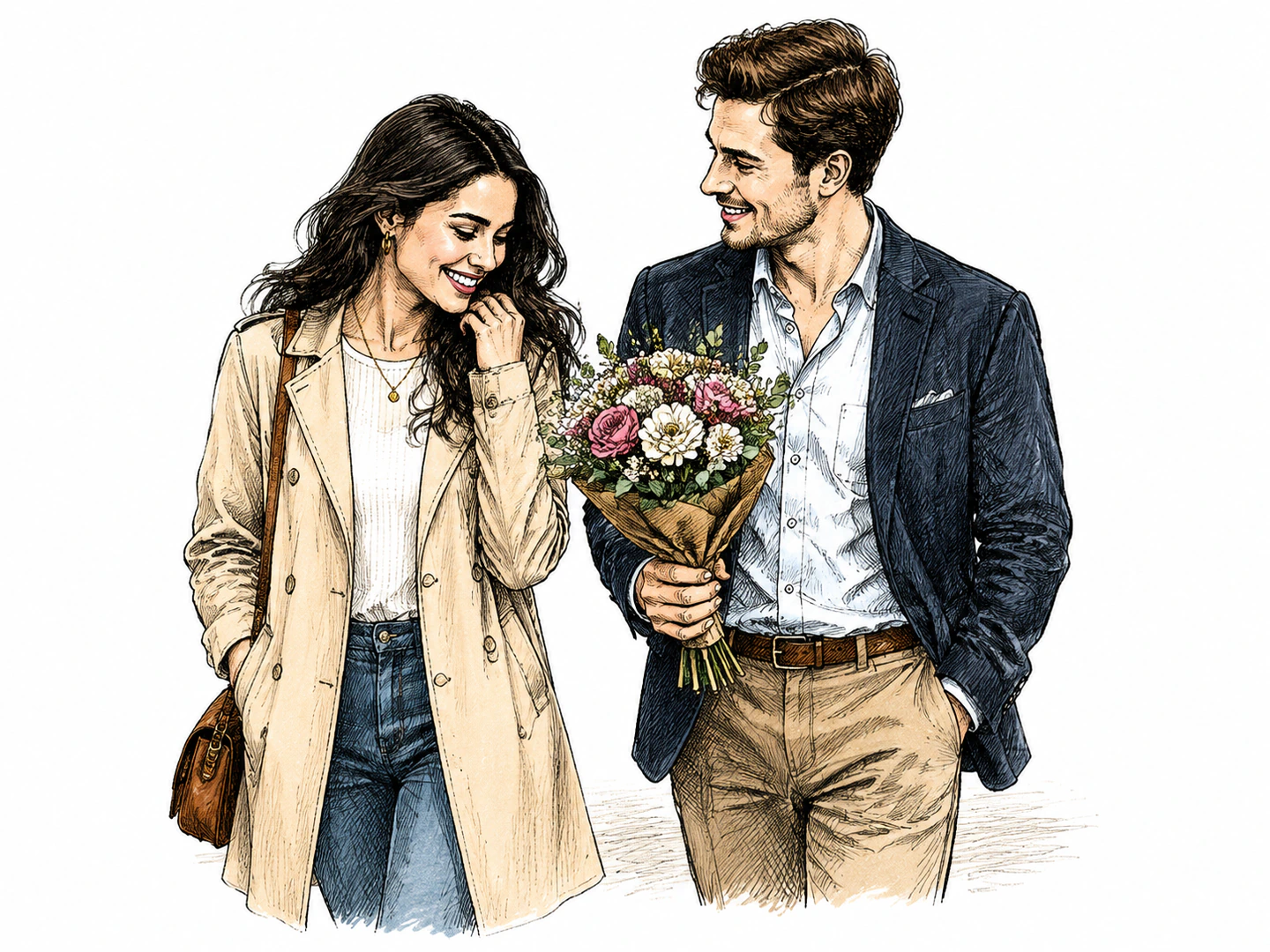 A woman smiles as her well-dressed boyfriend offers her flowers and walks beside her affectionately.