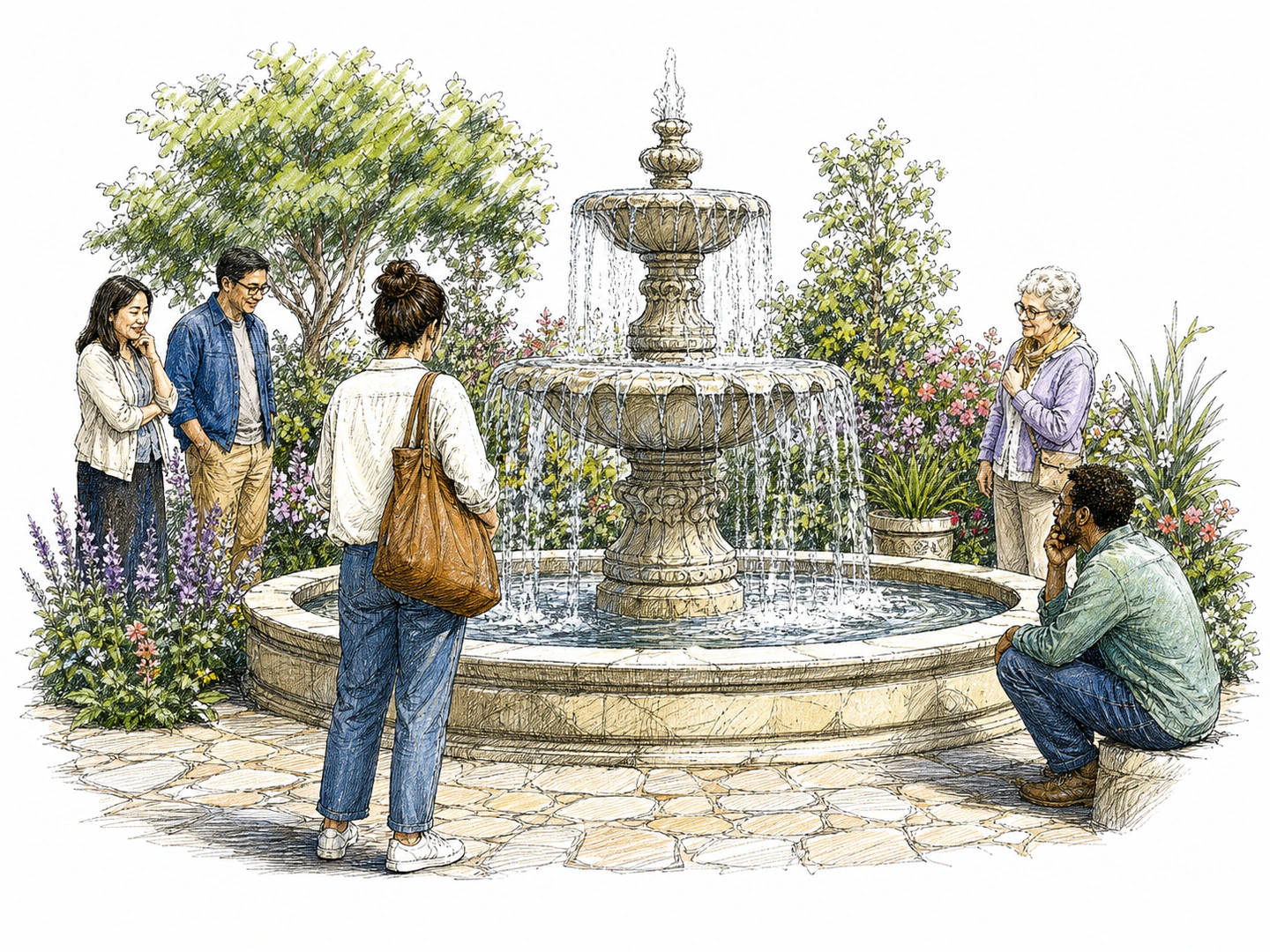 A person pauses before a graceful garden fountain while nearby visitors grow quiet and attentive, visibly pleased by its shape, movement, and harmony.