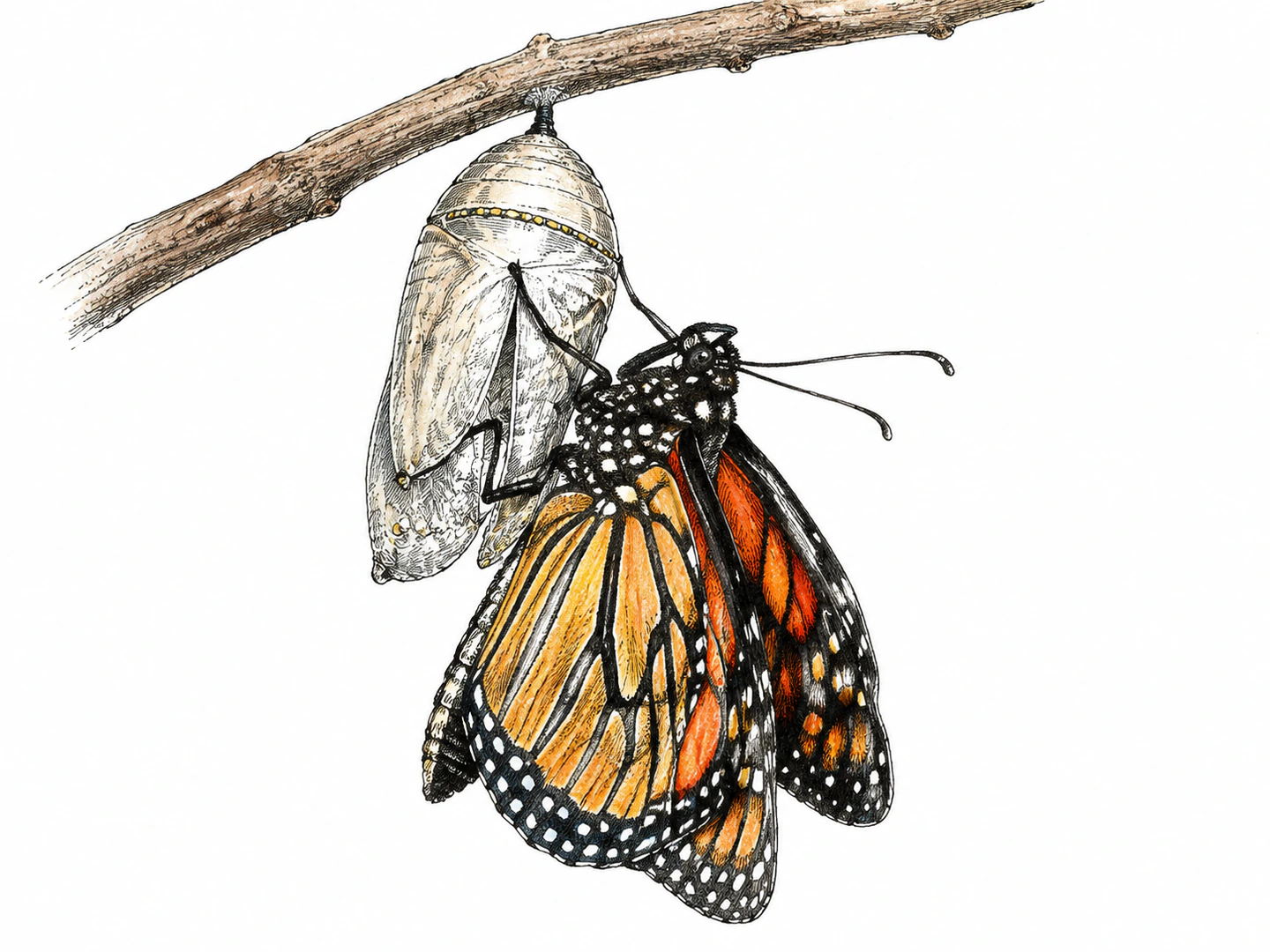 A butterfly emerges from its split chrysalis hanging from a twig, visibly changing into its adult form; show a single organism in one moment.
