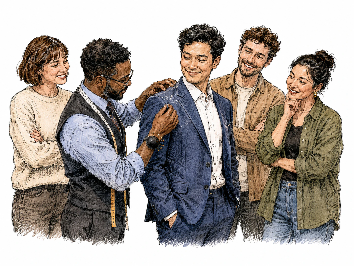 A tailor adjusts a jacket that suits the wearer so well that nearby friends respond with approving smiles, making becoming visible through attractive fit.