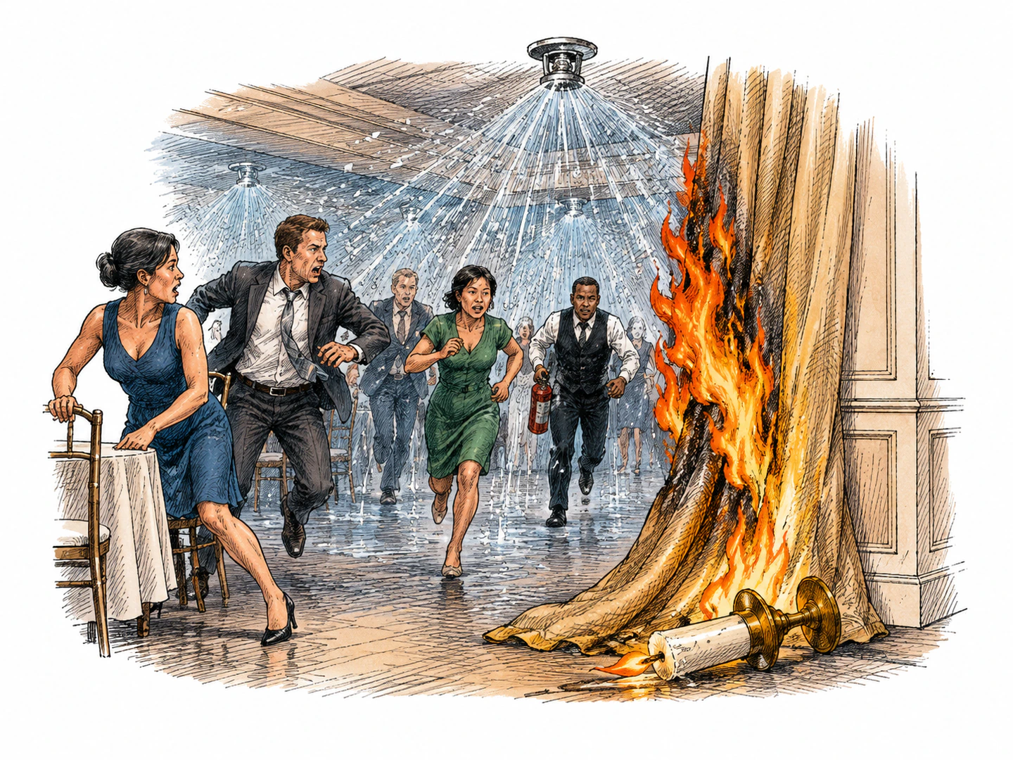A tipped candle ignites a curtain, the curtain sets off sprinklers, and people rush in response, making one event visibly give rise to another.