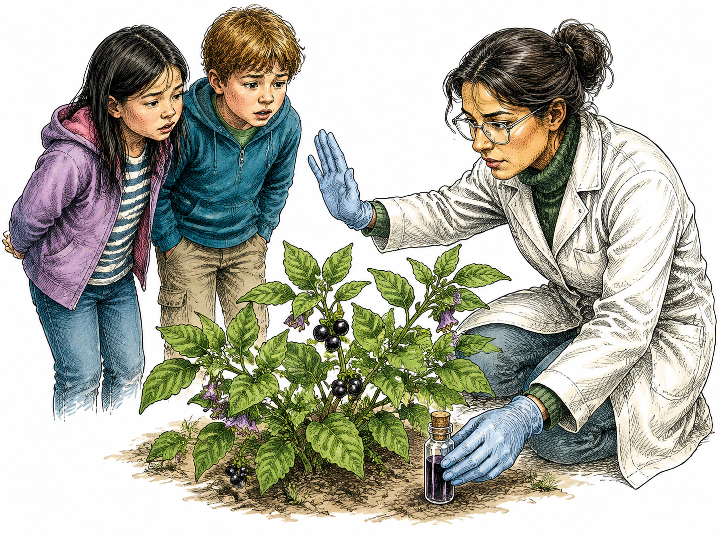 A gloved botanist keeps children back from a leafy plant with dark berries while placing a small sealed vial of medicine beside it.