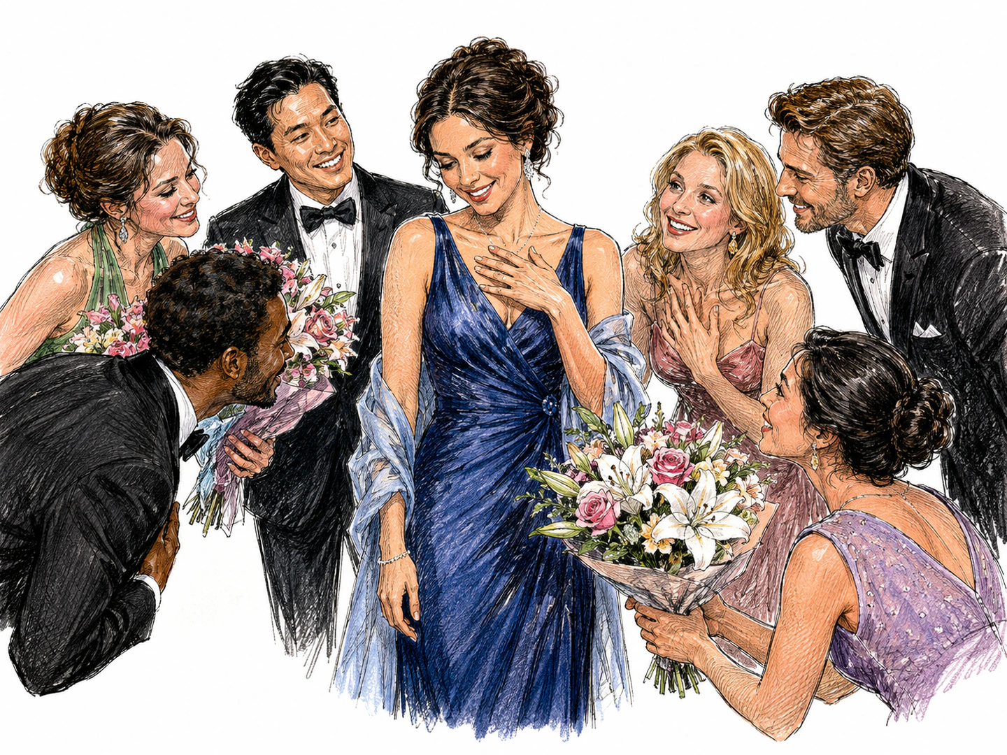 At a formal gathering, an admired woman in elegant clothing receives delighted attention from surrounding guests who smile, bow, and offer flowers.