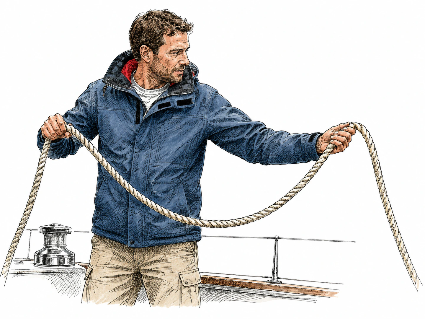 A sailor holds a rope whose loose middle forms a broad sweeping curve between the two taut ends.