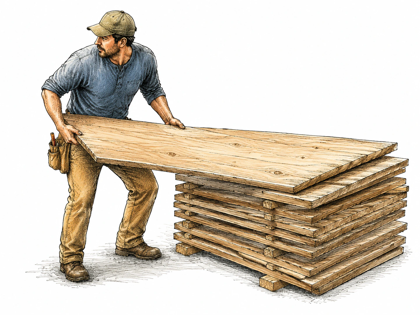 A carpenter carries a flat rigid plank of wood from a stack of similar cut pieces.