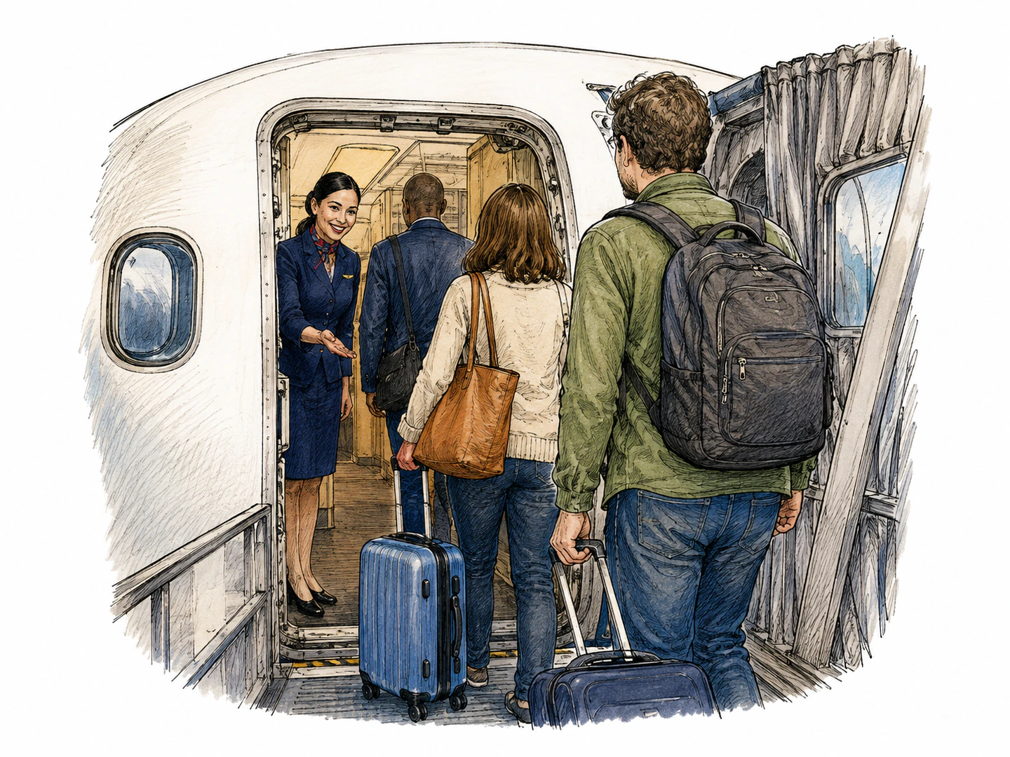 Passengers step from a jet bridge through an aircraft doorway while a crew member welcomes them inside.