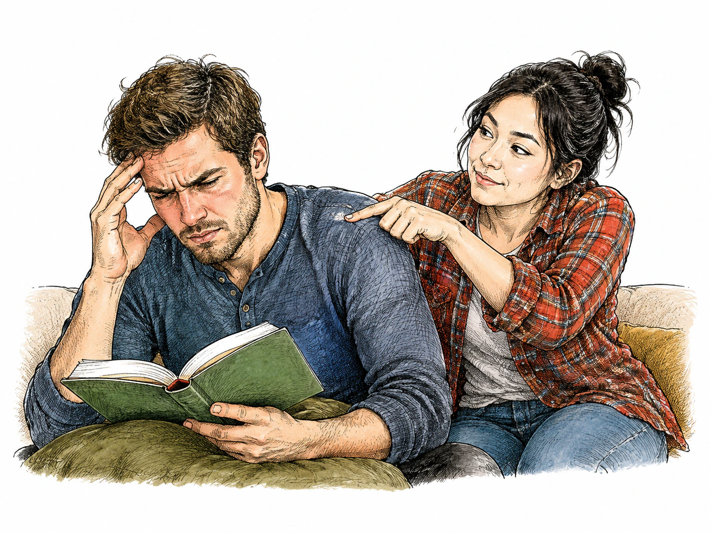 A person trying to read frowns and rubs their temple while another person repeatedly pokes their shoulder.