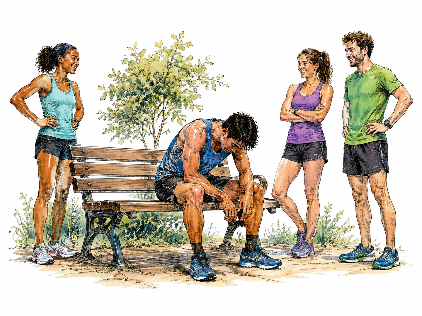 A runner collapses onto a bench after a brief burst of intense effort while teammates nearby remain relaxed, making the short spell of exertion visible.