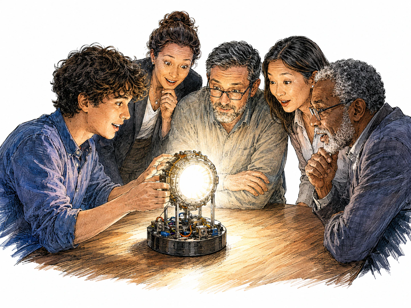 A young inventor demonstrates a small device that floods the room with intense light while the surrounding experts lean in with impressed expressions at its elegant construction.