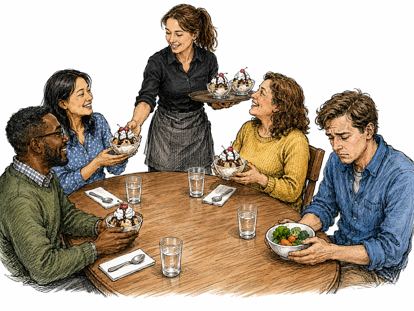 A server gives dessert bowls to everyone at a table except one diner, who receives a plain bowl of vegetables instead.