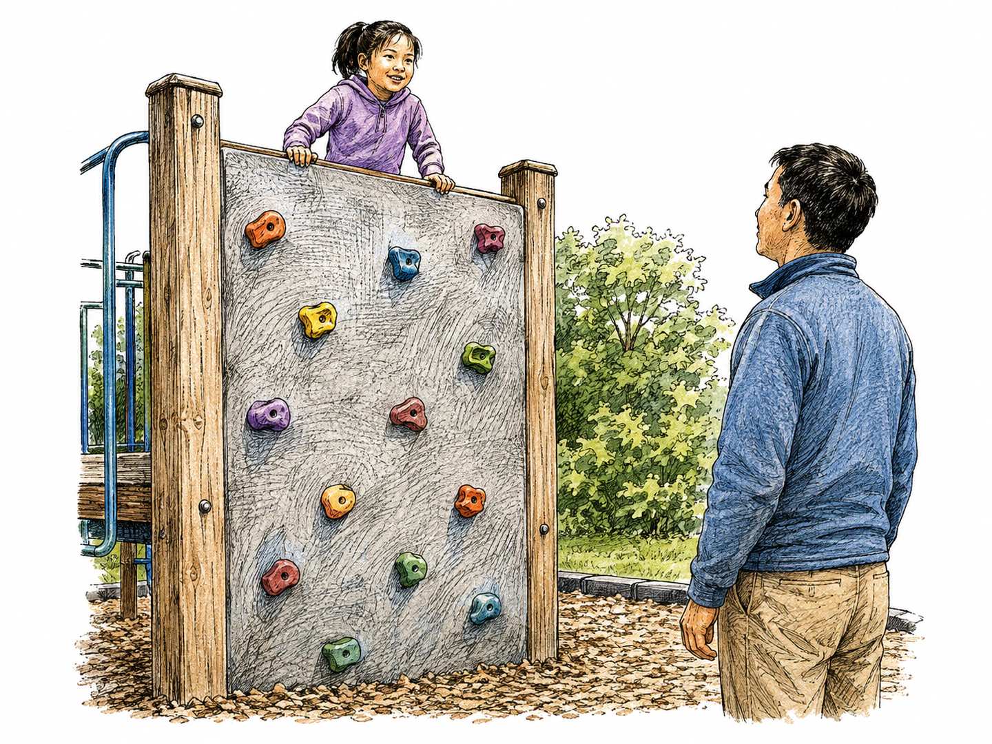 At a playground, a child reaches the top of a climbing wall without help while another adult watches with hands lowered, showing the child is able to do it.