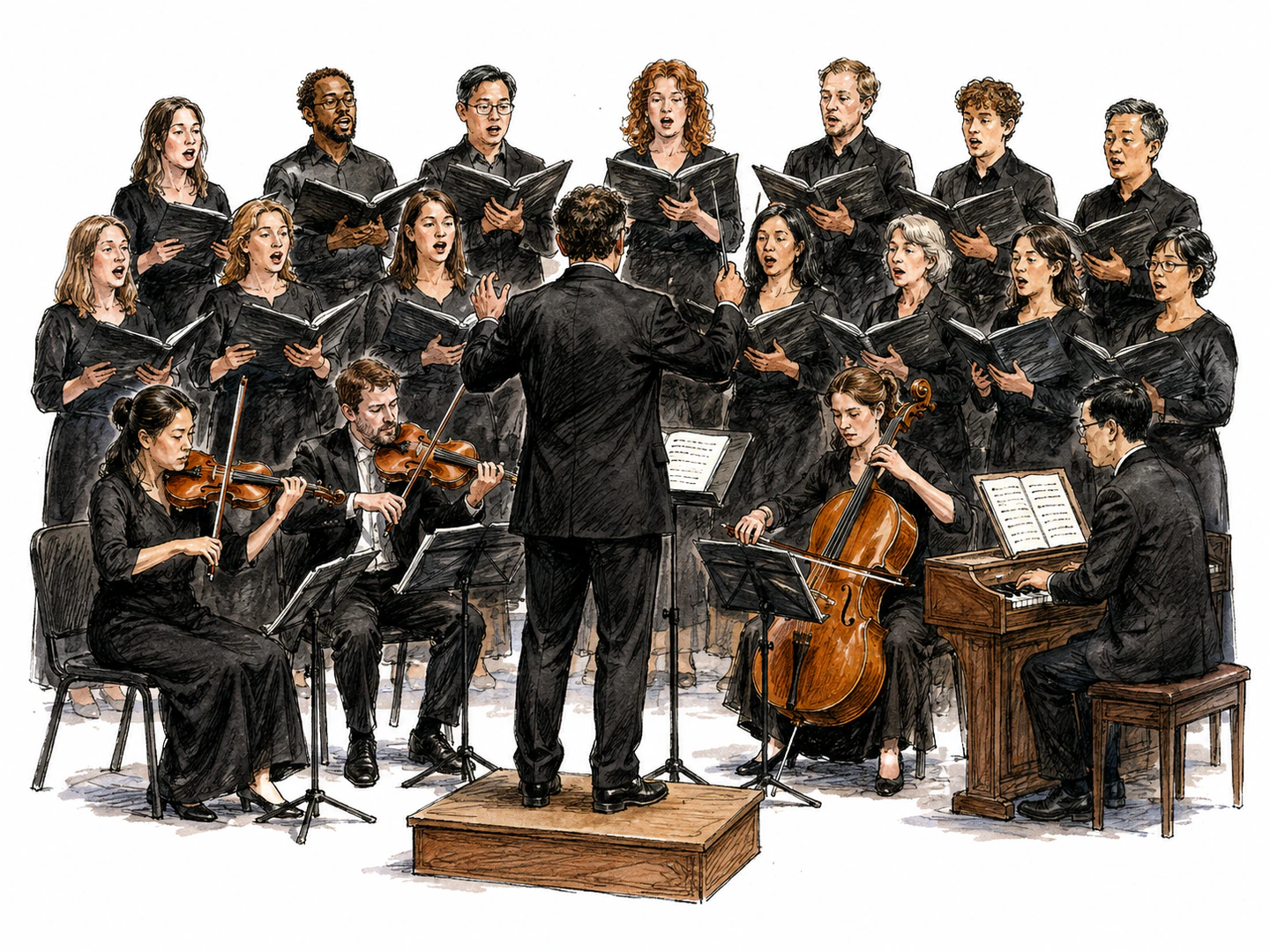 A choir sings in sections beside instrumentalists while a conductor cues different groups through a multi-part musical performance.