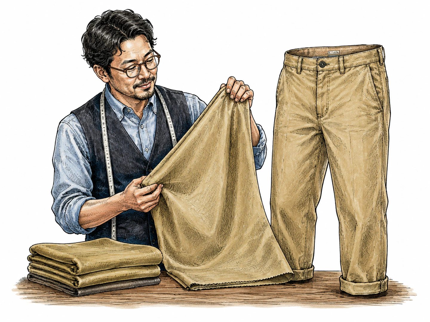 A tailor holds sturdy cotton twill fabric beside a pair of casual pants made from the same material, showing the durable cloth and its common use.