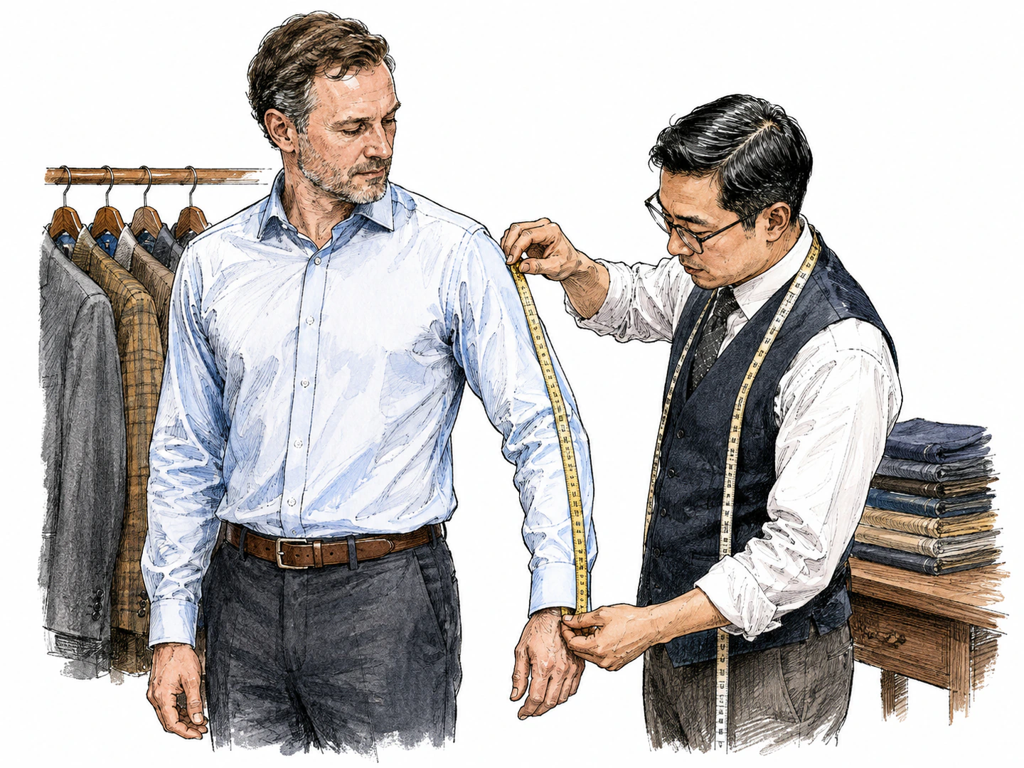 A professional tailor measures a customer's sleeve while the customer stands waiting to be served.