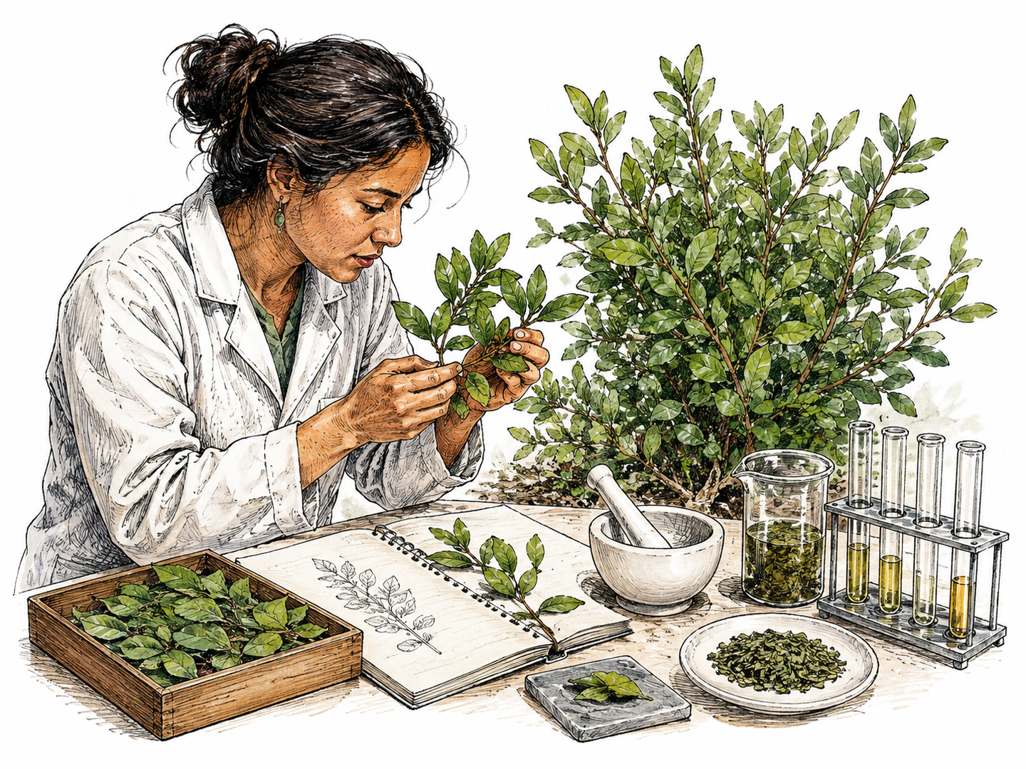 A botanist examines the leaves of a South American shrub while nearby lab tools and leaf samples show the plant is valued for active compounds in its foliage.