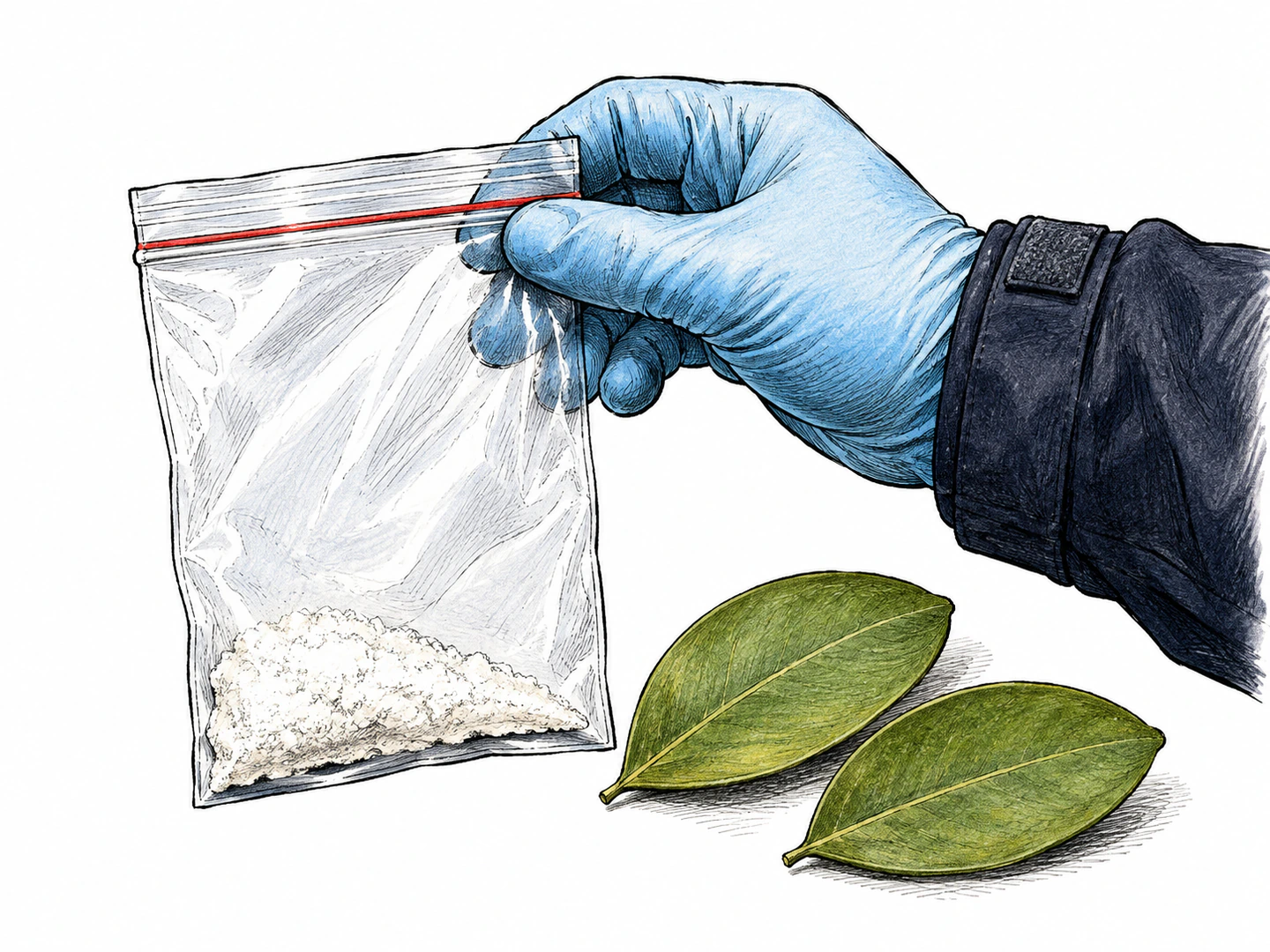 A gloved officer holds a sealed transparent evidence bag containing a small amount of white powder, keeping it away from the public. Beside the bag lie two individual smooth oval coca leaves with unbroken edges and a central vein. Leaves are simple single ovals, never palmate, never serrated, never cannabis. All packaging completely blank with no labels or lettering.