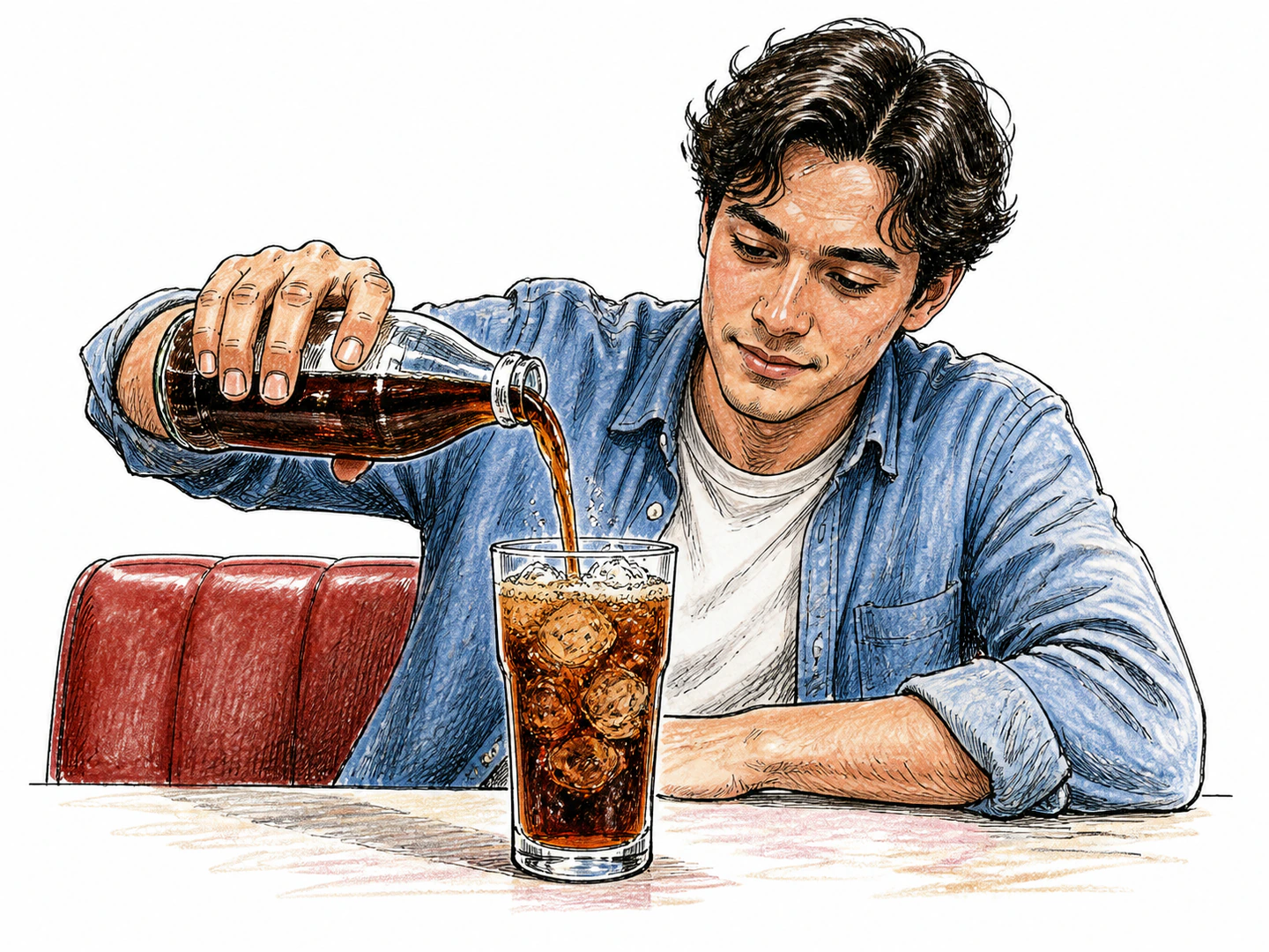 A diner pours a fizzy dark cola soft drink over ice as bubbles rise in the glass.