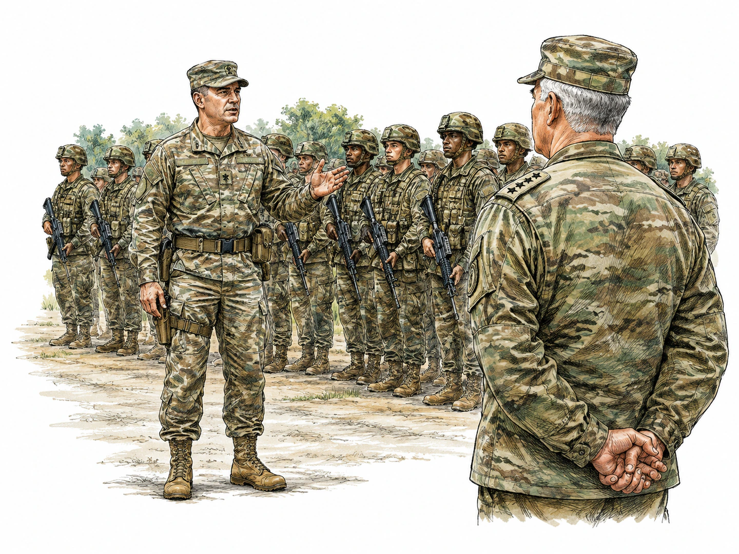 In a military formation, a senior officer stands before a regiment giving orders while a higher-ranking general observes from behind, showing the colonel commanding below the general.