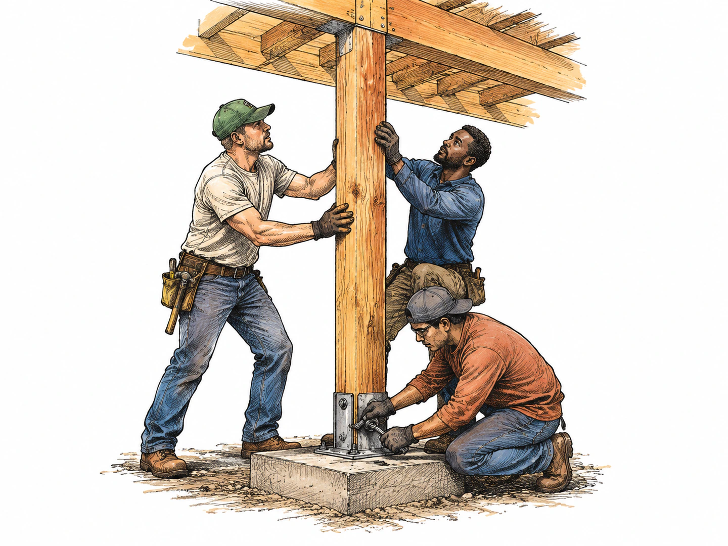 Builders secure a tall vertical pillar beneath a roof beam so it stands upright and supports the structure.